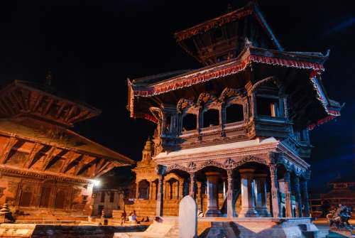 Nepal temple at night with buildings free photo