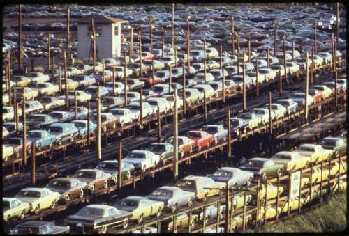 New cars built in Detroit loaded for rail transport, 1973 in Michigan free photo