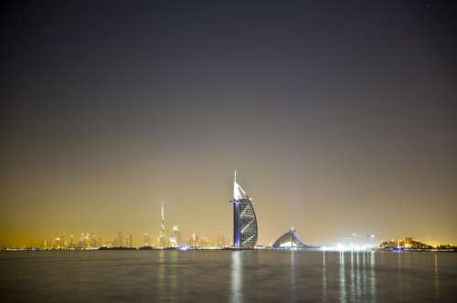 Night lights and skyline in Dubai, United Arab Emirates, UAE free photo