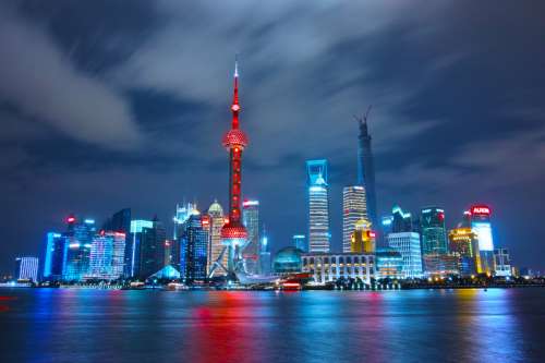 Night Skyline with bright lights in Shanghai, China free photo