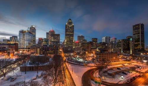 Night time Cityscape with lights in Montreal, Quebec, Canada free photo