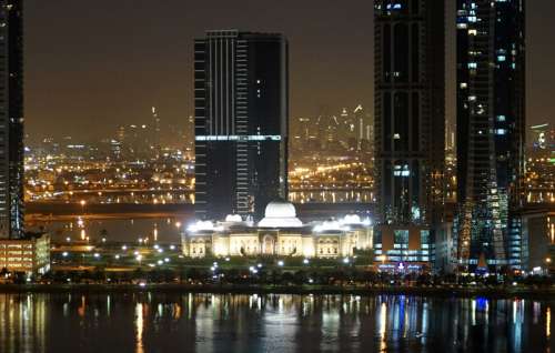 Night view of the New Sharjah Chamber of Commerce in the United Arab Emirates free photo