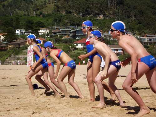 Nippers at start position before their swim at Stanwell Park beach in Wollongong, New South Wales, Australia free photo