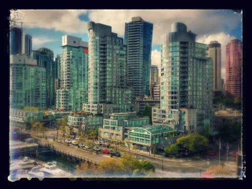 Painting of towers and skyscrapers in Vancouver, British Columbia, Canada free photo