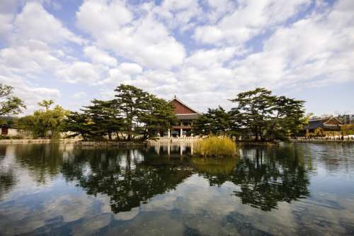 Palace and lake landscape in Seoul, South Korea free photo