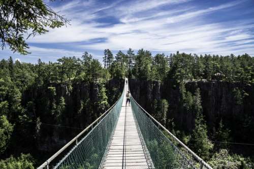 People standing on the long suspension bridge in Eagle Canyon, Ontario free photo