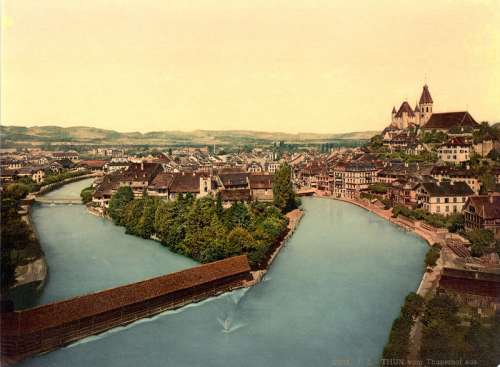 Photochrome of the Aare and Thun Castle from 1900 in Switzerland free photo