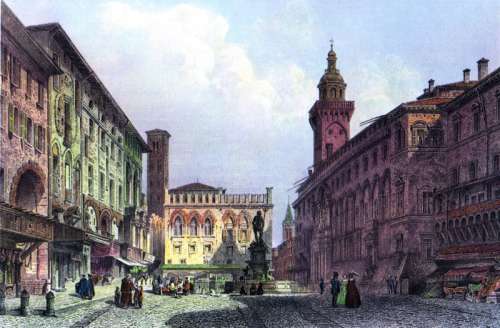 Piazza del Nettuno in 1855, looking towards Piazza Maggiore, Italy free photo