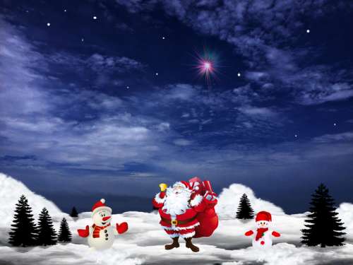 Santa Claus and two snowmen on Christmas Eve free photo