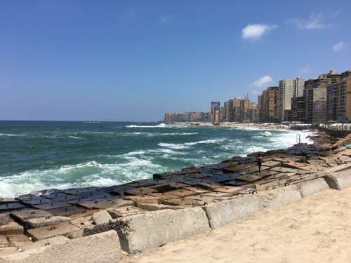 Seaside landscape with buildings in Alexandria, Egypt free photo