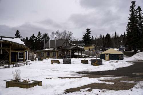 Shops, and buildings in the snowy winter in Grand Marais, Minnesota free photo