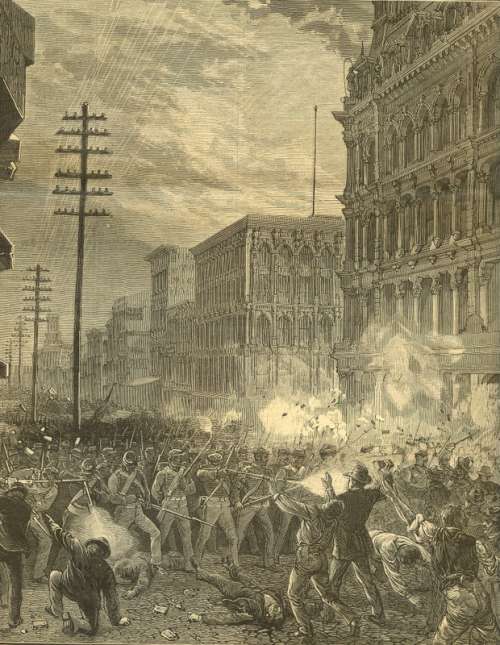 Sixth Regiment fighting railroad strikers, July 20, 1877 in Baltimore, Maryland free photo