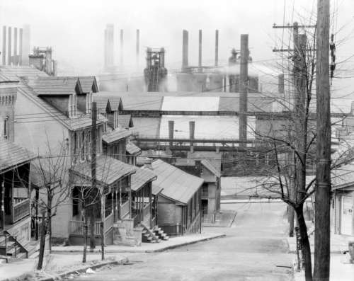 South Bethlehem in 1935, looking north to houses and Bethlehem Steel in Pennsylvania free photo