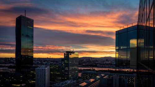 Sunset and city views with towers in Vienna, Austria free photo