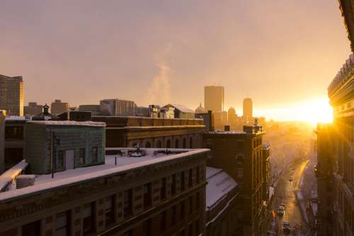 Sunset over cityscape of Boston, Massachusetts free photo