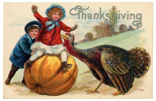 Thanksgiving Postcard with Pumpkin and Turkey with boy on top free photo