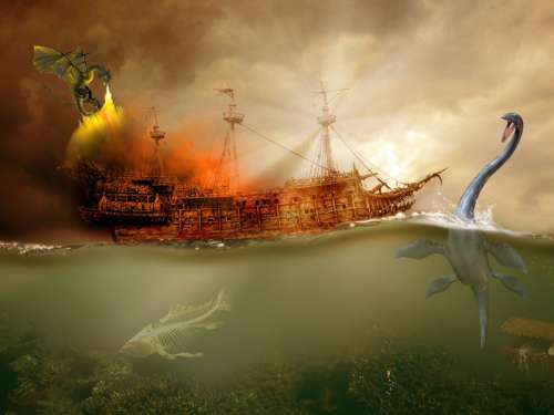 Two Dragons and Monsters attacking a boat free photo