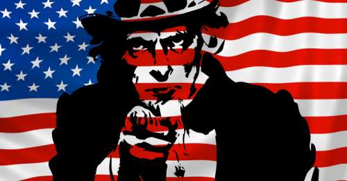 Uncle Sam in front of American Flag free photo