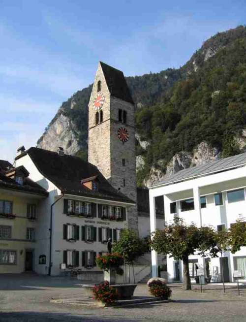 Unterseen town square and village church in Switzerland free photo