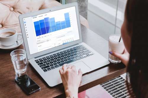 Businesswoman use Google Analytics on laptop at cafe