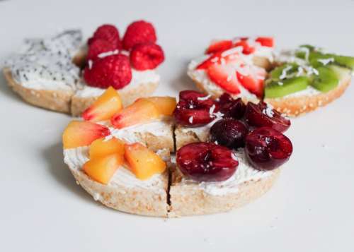 Breads with spread and fruit