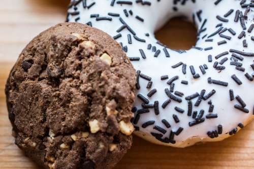 chocolate cookies and donut close up