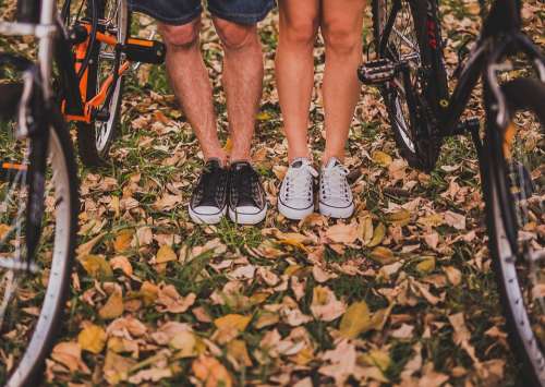 Adult Autumn Autumn Leaves Bicycles Bikes Couple