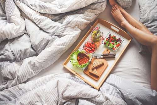 Adult Breakfast Bedroom Blanket Bed Food Feet