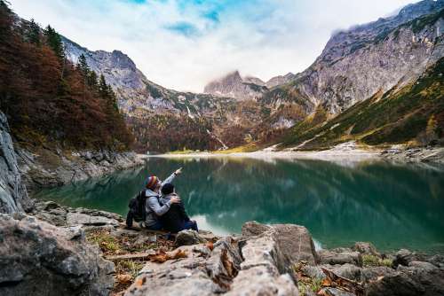 Adventure Mountain Lake Alps Couple Daylight