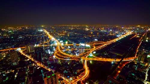Aerial Bangkok City Night Traffic Asia