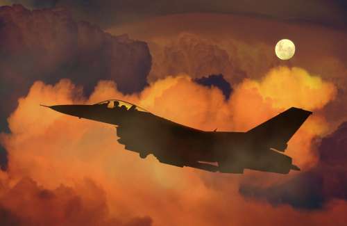 Air Plane Fighter Night Sky Moon Clouds Aircraft