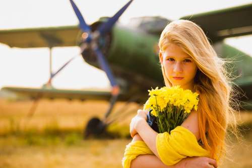 Aircraft Girl Glamour Summer Yellow Flowers