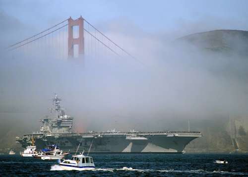 Aircraft Carrier Fog Small Boats Golden Gate Bridge