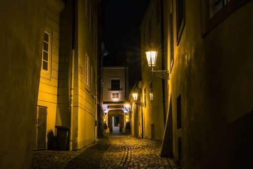 Alley Night Dark Lamp City Lit Street Lonely