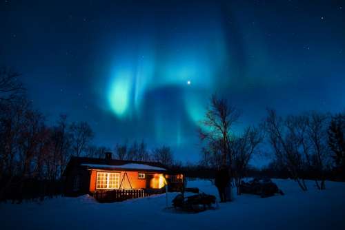 Aurora Borealis Blue Cabin Cold Lights Night
