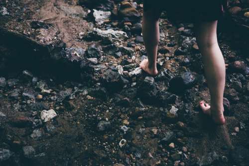 Barefoot Rocks Careful Feet Legs Young Female