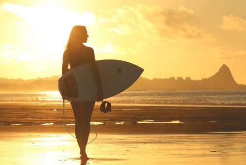 Beach Surfer Surfboard Dawn Girl Ocean Recreation