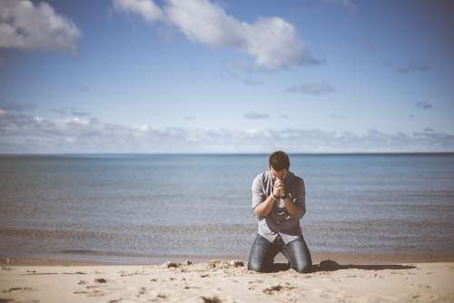 Beach Idyllic Man Ocean Peaceful Person Praying