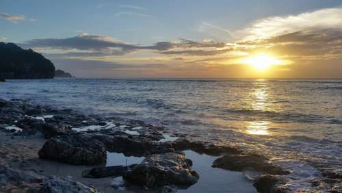 Beach Sunset Bali Indonesia Rock Pools Ocean