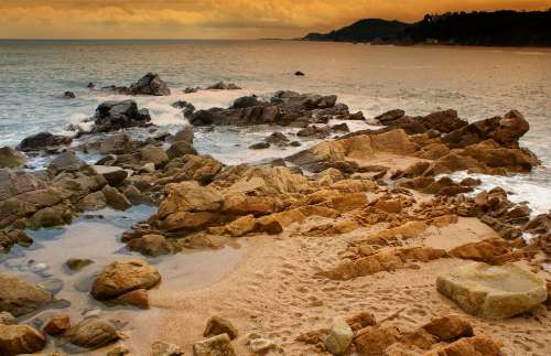 Beach Rocks Sea Sunset Spain Landscape Water