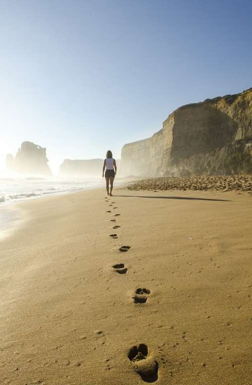 Beach Footsteps Sand Walking Woman Footprints
