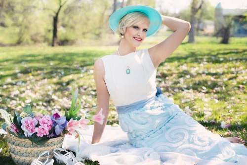Beautiful Woman Picnic Spring Vintage Val Flowers