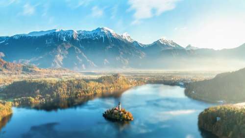 Bled Island Slovenia Mountains Haze Nature Lake