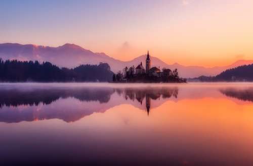 Bled Slovenia Lake Island Sunrise Morning Fog