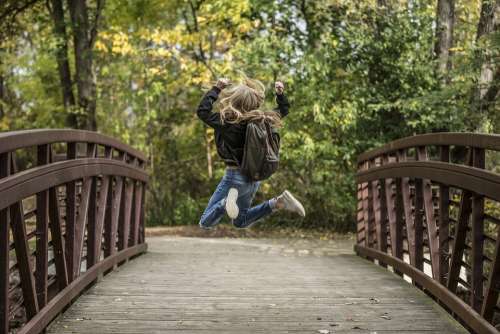 Blond Bridge Fun Girl Happy Joy Jumping Outdoors