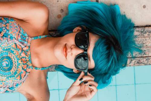 Blue Sunglasses Woman Pool Look Girl Lying Relax