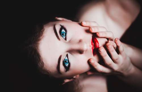 Blue Eyes Woman Female Makeup Model Red Lipstick
