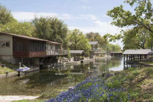 Bluebonnets Lake Cottages Houses Flowers Scenic