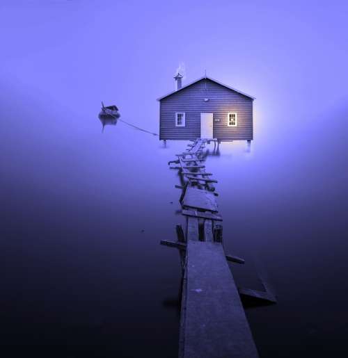 Boat House Colourless Foggy Bank Web Water Nature