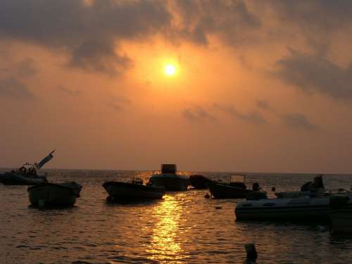 Boats Sunset Sea Evening Sicilian Sunset Island